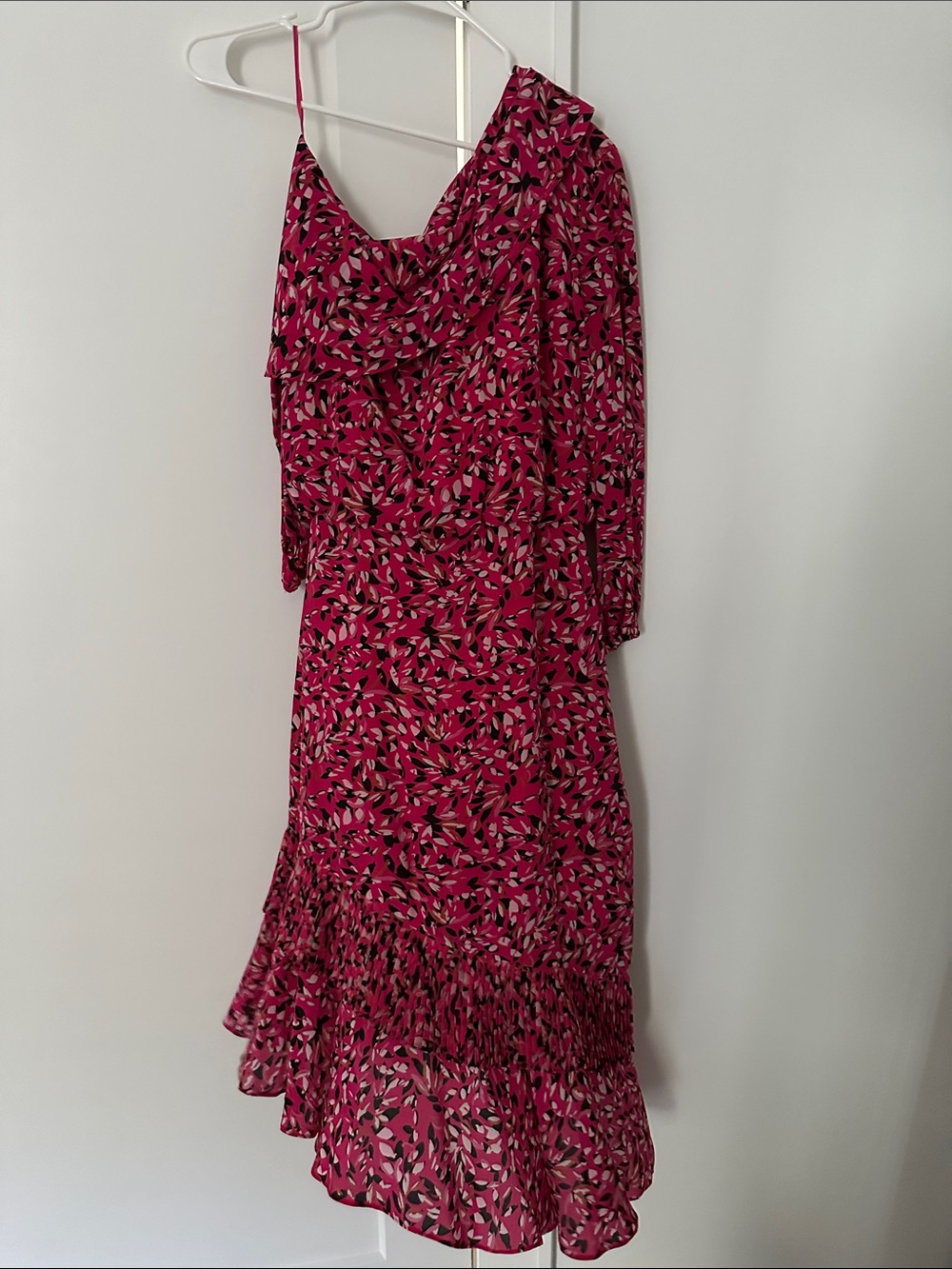 SALONI Hot Pink Printed One-Shoulder Ruffle Midi Dress